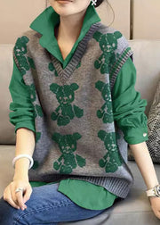 Green Knitted Vest Shirt Casual Age Reducing Two Piece Set Autumn New