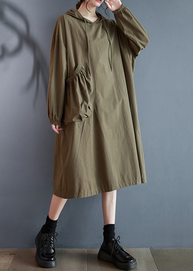 Green Lace Up Patchwork Loose Cotton Dresses Hooded Fall