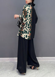 Green Leopard Patchwork Chiffon Two Pieces Set Oversized V Neck Summer