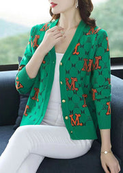 Green Letter Jacquard Patchwork Woolen Loose Cardigans V Neck Fall