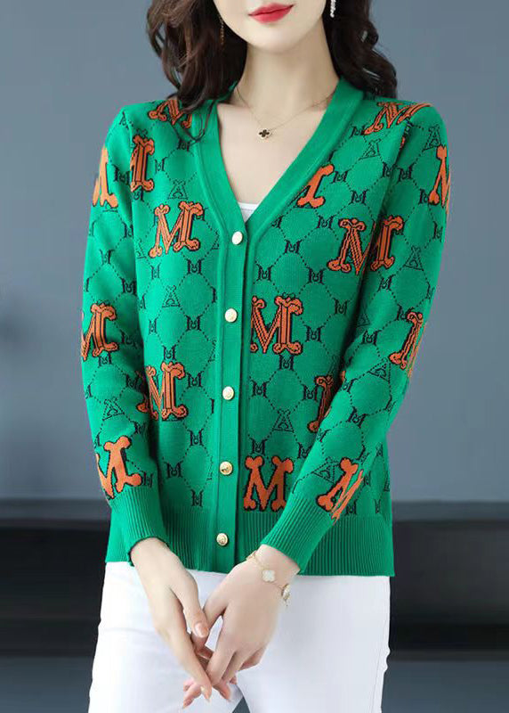 Green Letter Jacquard Patchwork Woolen Loose Cardigans V Neck Fall