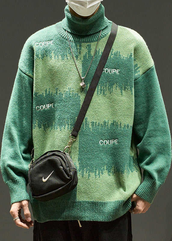 Green Letter Loose Knit Men Sweater Turtleneck Winter