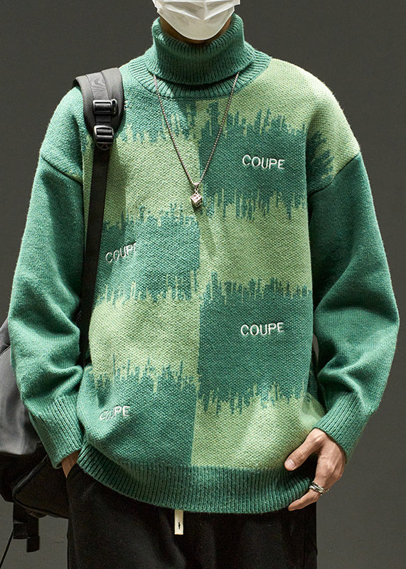 Green Letter Loose Knit Men Sweater Turtleneck Winter