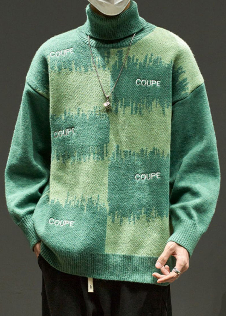 Green Letter Loose Knit Men Sweater Turtleneck Winter