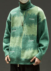 Green Letter Loose Knit Men Sweater Turtleneck Winter