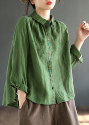 Green Linen Loose Shirts Embroideried Button Fall