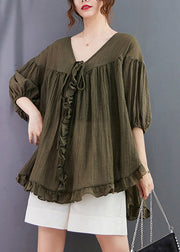 Green Loose Cotton Shirt Tops V Neck Ruffled Lantern Sleeve