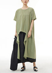 Green Loose Cotton Tops Asymmetrical Low High Design Summer