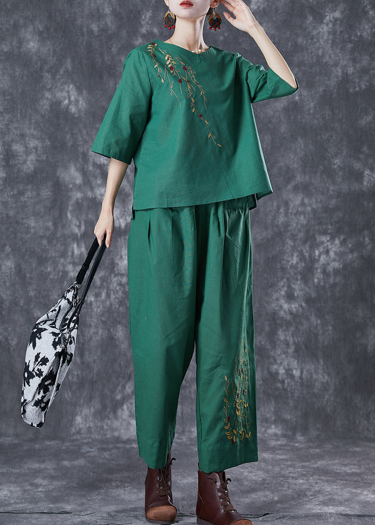 Green Loose Linen Two Pieces Set Embroideried Summer