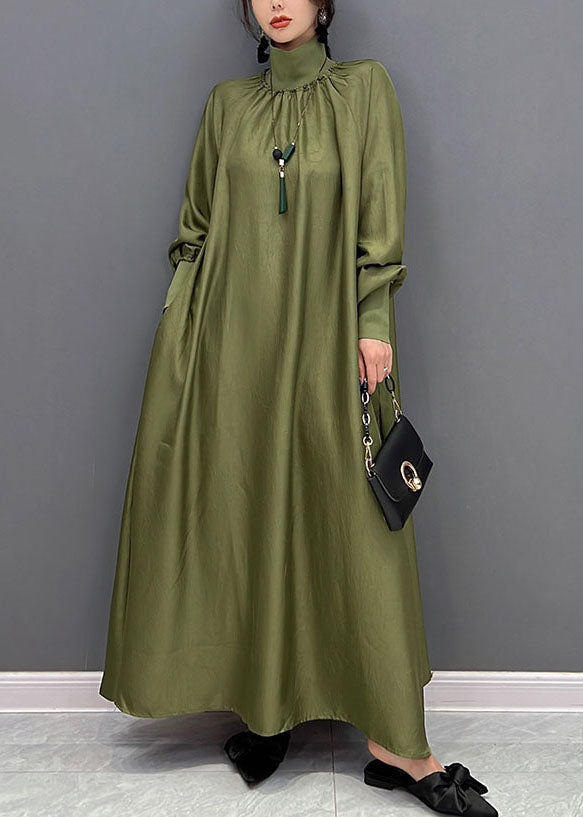 Green Loose Silk A Line Dresses High Neck Draping Spring