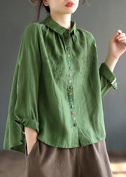 Green Low High Design Button Linen Shirt Long Sleeve