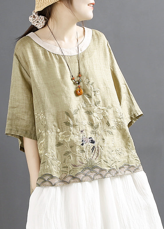 Green Low High Design Linen Shirts Embroidered Summer