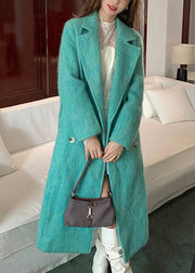 Green Notched Tie Waist Maxi Woolen Coat Long Sleeve