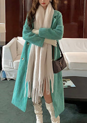 Green Notched Tie Waist Maxi Woolen Coat Long Sleeve