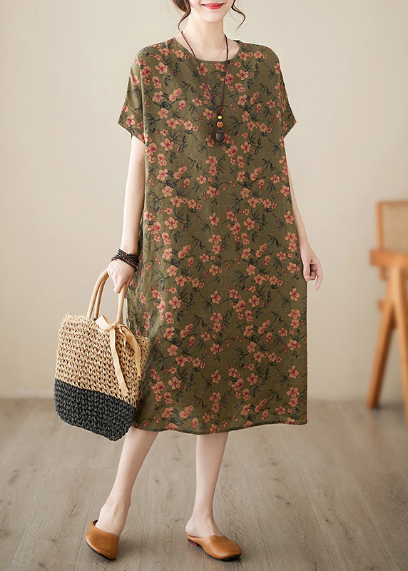 Green O-Neck Cozy Long Dress Short Sleeve