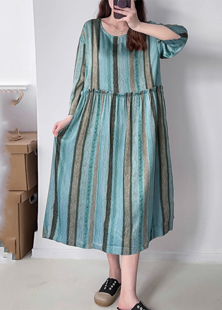 Green O-Neck Ruffled Wrinkled Silk Cotto Maxi Dress Spring