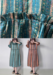 Green O-Neck Ruffled Wrinkled Silk Cotto Maxi Dress Spring