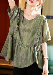 Green O-Neck Tie Waist Shirt Summer