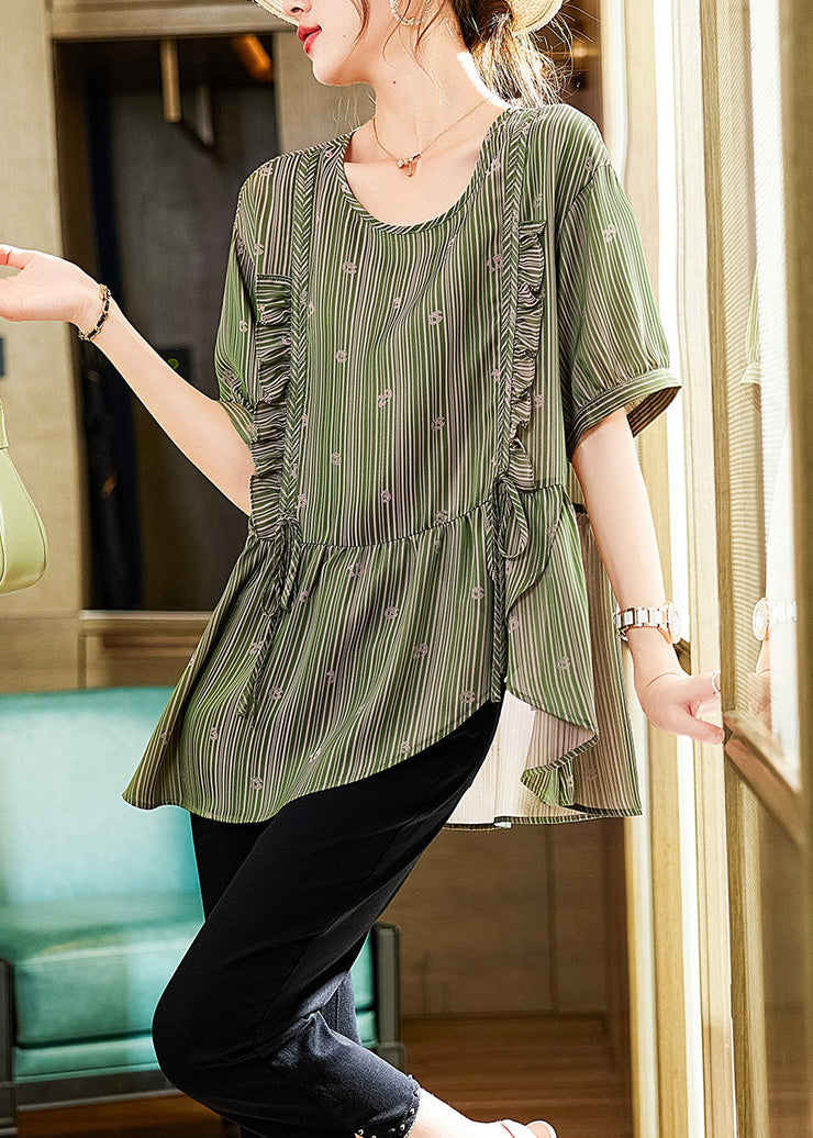 Green O-Neck Tie Waist Shirt Summer