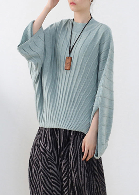 Green O-Neck Woolen Knit Sweater Batwing Sleeve