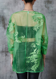Green Organza Oriental Blouses Embroidered Chinese Button Summer
