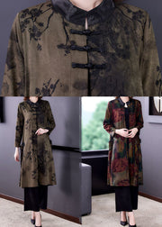 Green Oriental Silk Coat Outwear Stand Collar Print Long Sleeve