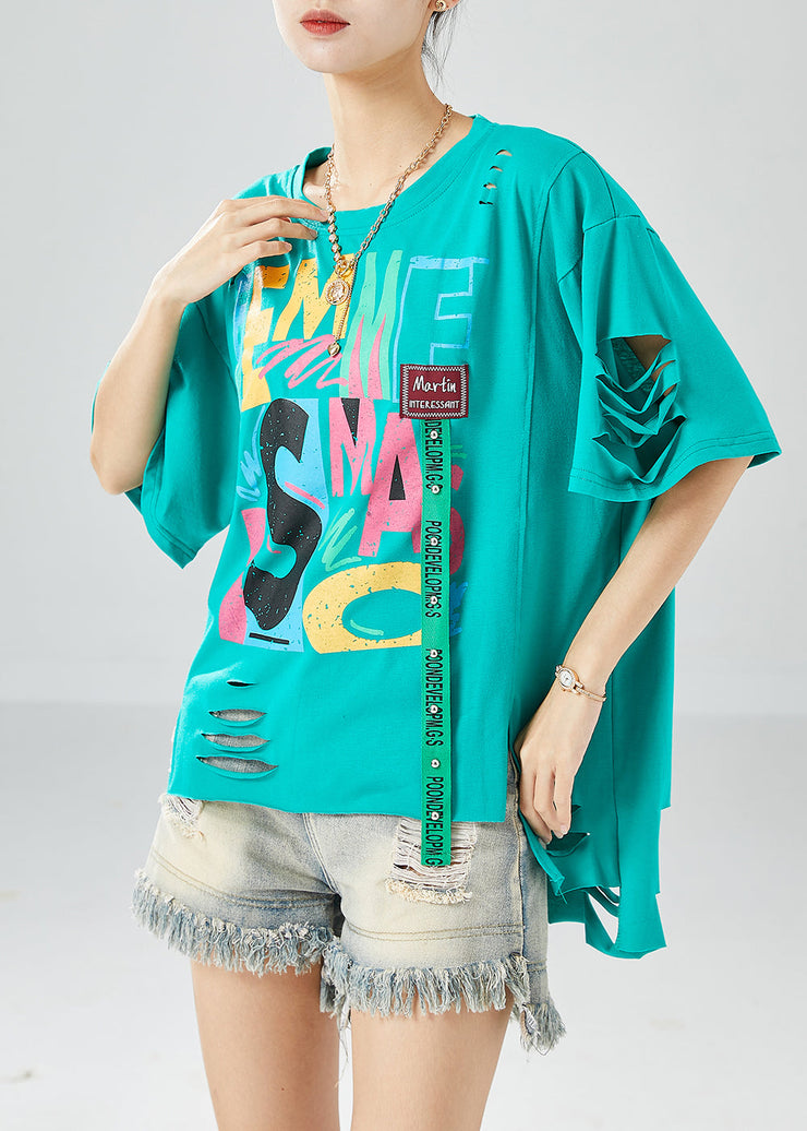 Green Original Design Cotton Ripped Tank Tops Oversized Summer