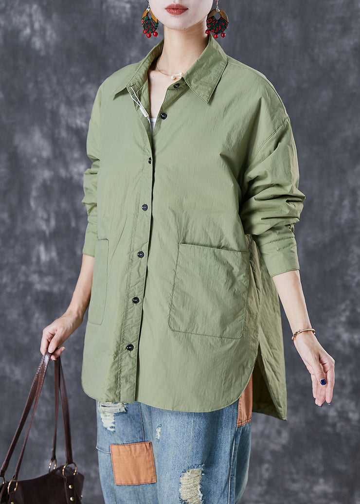 Green Oversized Cotton Shirts Pockets Side Open Fall