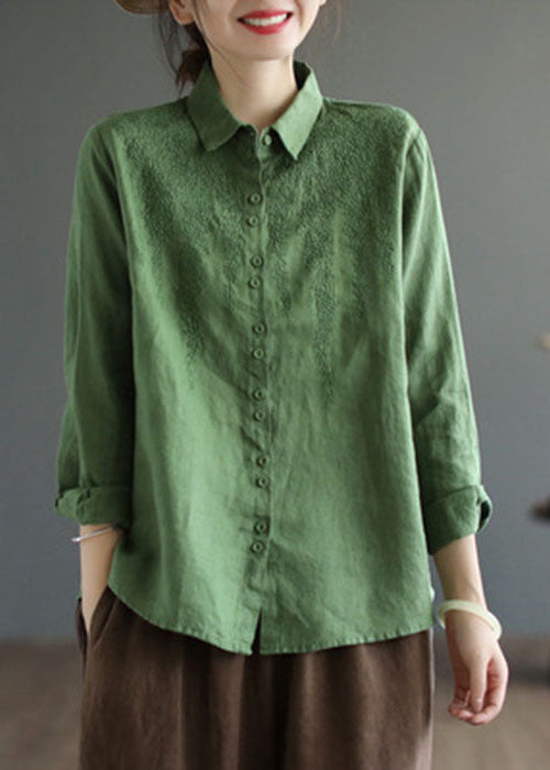 Green Oversized Linen Top Peter Pan Collar Embroideried Spring