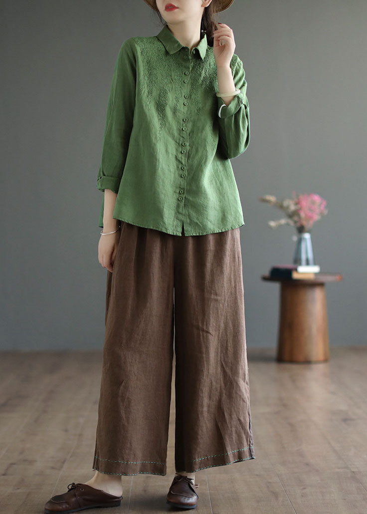 Green Oversized Linen Top Peter Pan Collar Embroideried Spring