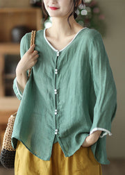 Green Patchwork Button Linen Top O Neck Summer