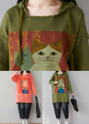 Green Patchwork Cartoon Print Cotton Tops Hooded Spring