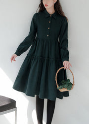 Green Patchwork Corduroy Long Dresses Ruffled Exra Large Hem Long Sleeve