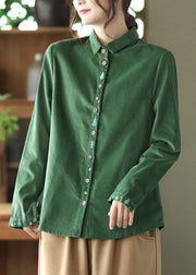 Green Patchwork Corduroy Tops Peter Pan Collar Button Spring