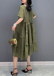 Green Patchwork Cotton 2 Piece Outfit Dress O-Neck Wrinkled Summer