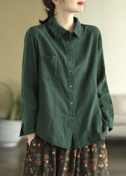 Green Patchwork Cotton Blouse Top Wrinkled Long Sleeve