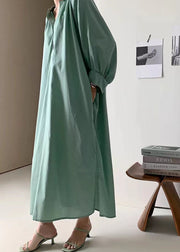 Green Patchwork Cotton Dress Wrinkled Stand Collar Long Sleeve