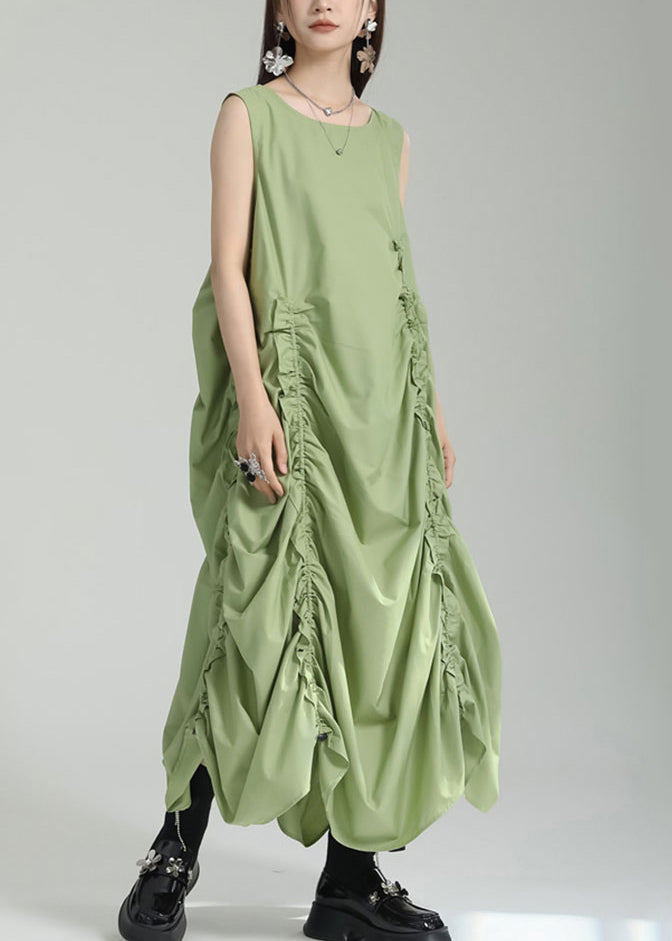 Green Patchwork Cotton Dresses Asymmetrical Ruffled Sleeveless