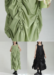 Green Patchwork Cotton Dresses Asymmetrical Ruffled Sleeveless