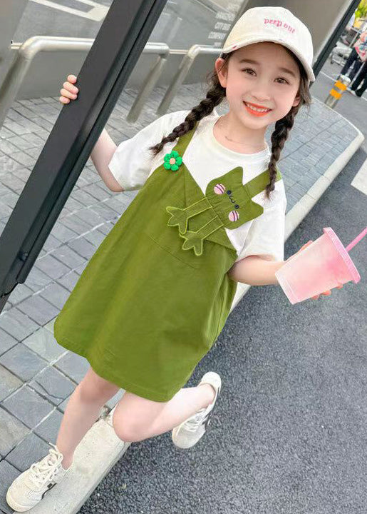 Green Patchwork Cotton Girls Mid Dress O Neck Short Sleeve