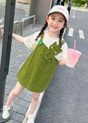 Green Patchwork Cotton Girls Mid Dress O Neck Short Sleeve