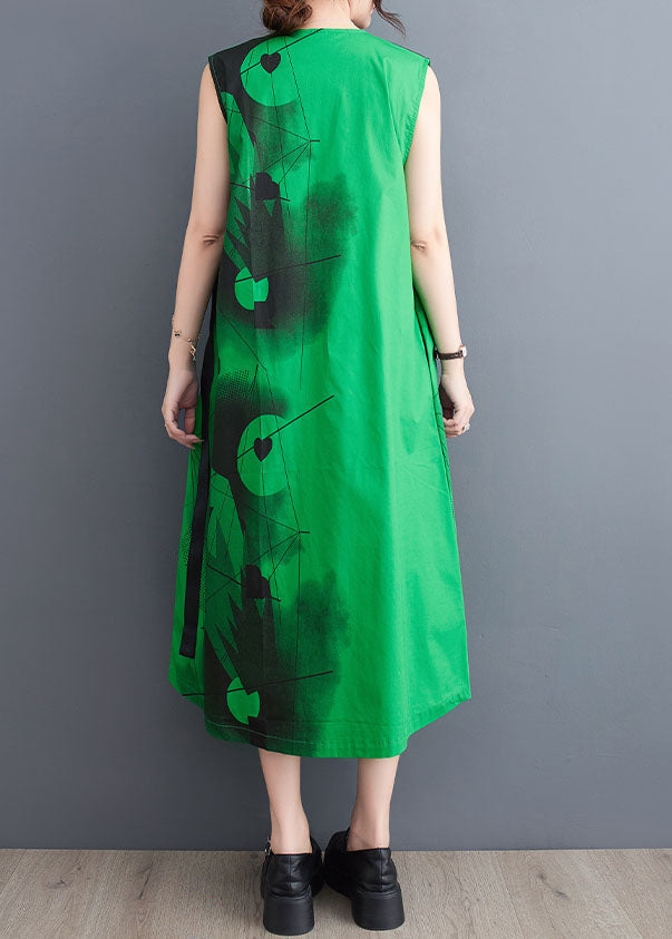 Green Patchwork Cotton Long Dress V Neck Lace Up Sleeveless