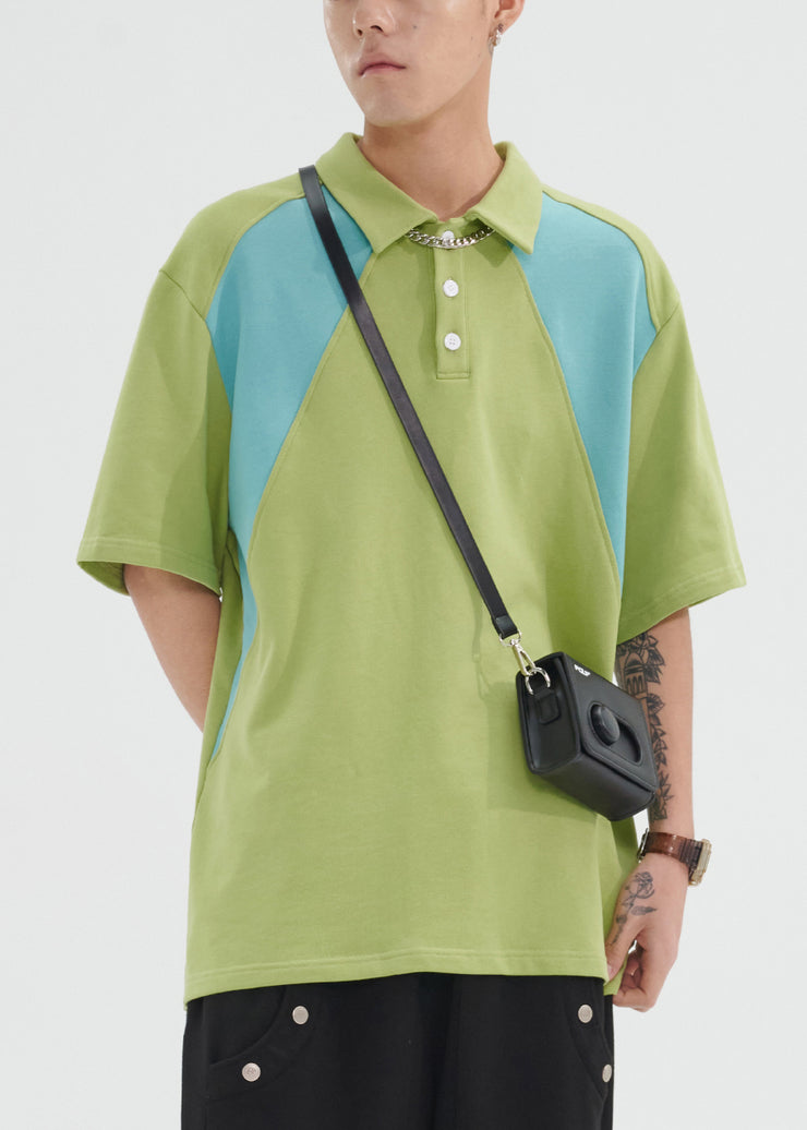 Green Patchwork Cotton Mens T Shirts Peter Pan Collar Summer