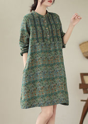 Green Patchwork Cotton Mid Shirts Dress Wrinkled Long Sleeve