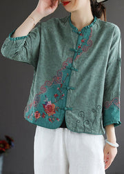 Green Patchwork Cotton Shirt Ruffled Chinese Button Spring