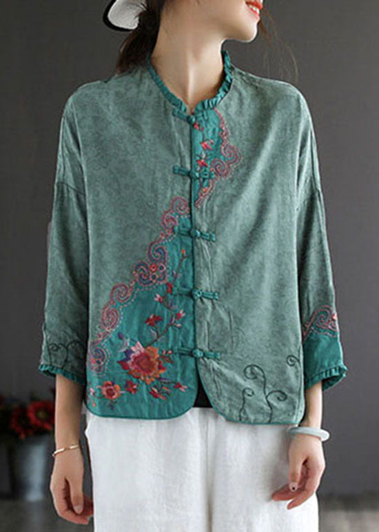 Green Patchwork Cotton Shirt Ruffled Chinese Button Spring