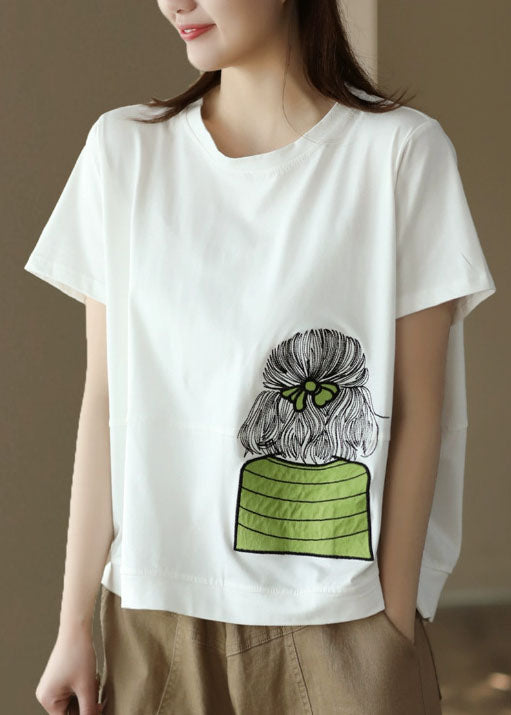 Green Patchwork Cotton T Shirt Top Embroideried Short Sleeve