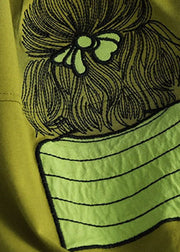 Green Patchwork Cotton T Shirt Top Embroideried Short Sleeve