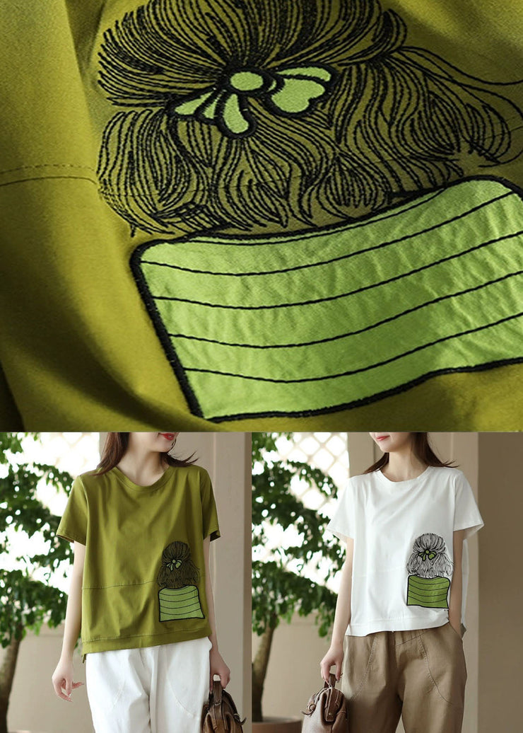 Green Patchwork Cotton T Shirt Top Embroideried Short Sleeve