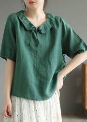 Green Patchwork Cotton T Shirts Top Peter Pan Collar Short Sleeve